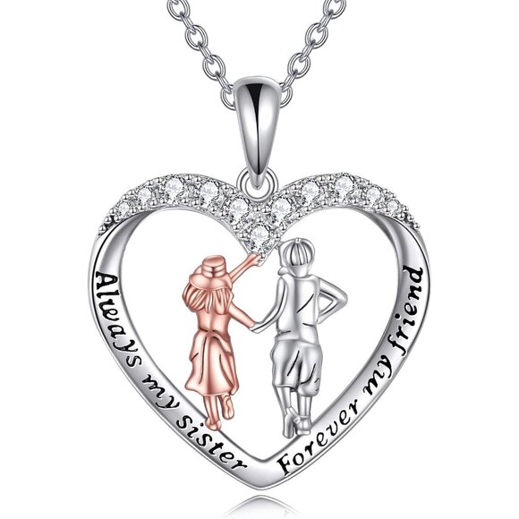 Sterling Silver Sister Necklace 1x0.83 inch with 20-inch Chain for Gift